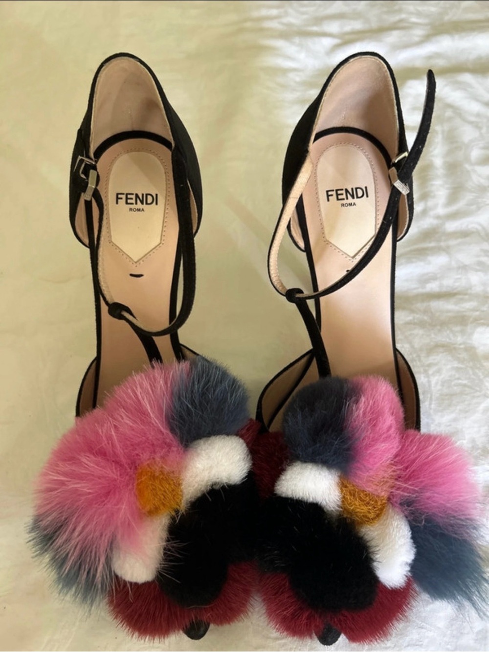 Fendi Black Leather Ankle-Strap Heels with Multicolor Fur Trim